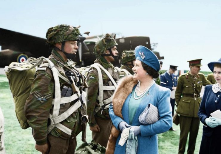 The Queen and Princess Elizabeth talk to paratroopers in front of a Halifax aircraft during a tour of Airborne forces, 19 May 1944. Paul Reynolds / mediadrumworld.com