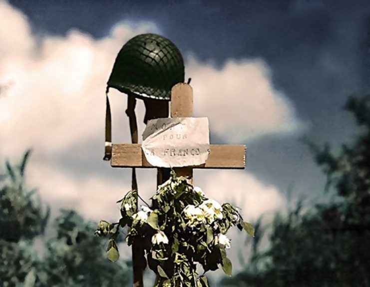 French civilians erected this silent tribute to an American soldier who has fallen in the crusade to liberate France from Nazi domination. Carentan, France. Paul Reynolds / mediadrumworld.com