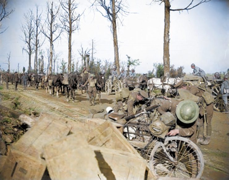 36th Divisional Cyclist Company. Striking shots show soldiers sitting in a trench at the Battle of the Somme, checking on wounded or possible dead friends among splintered trees and rubble-covered ground, and medics treating other wounded.