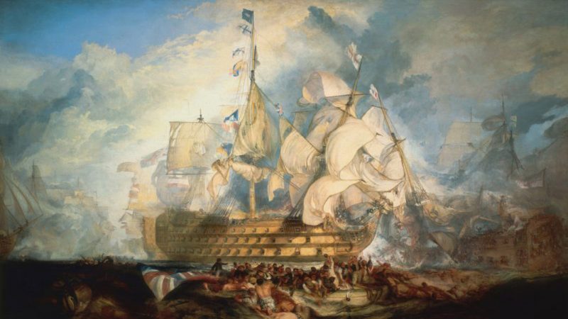 A dramatized view of Nelson's flagship, HMS Victory, a 104 gun 1st rate, during the battle of Trafalgar.