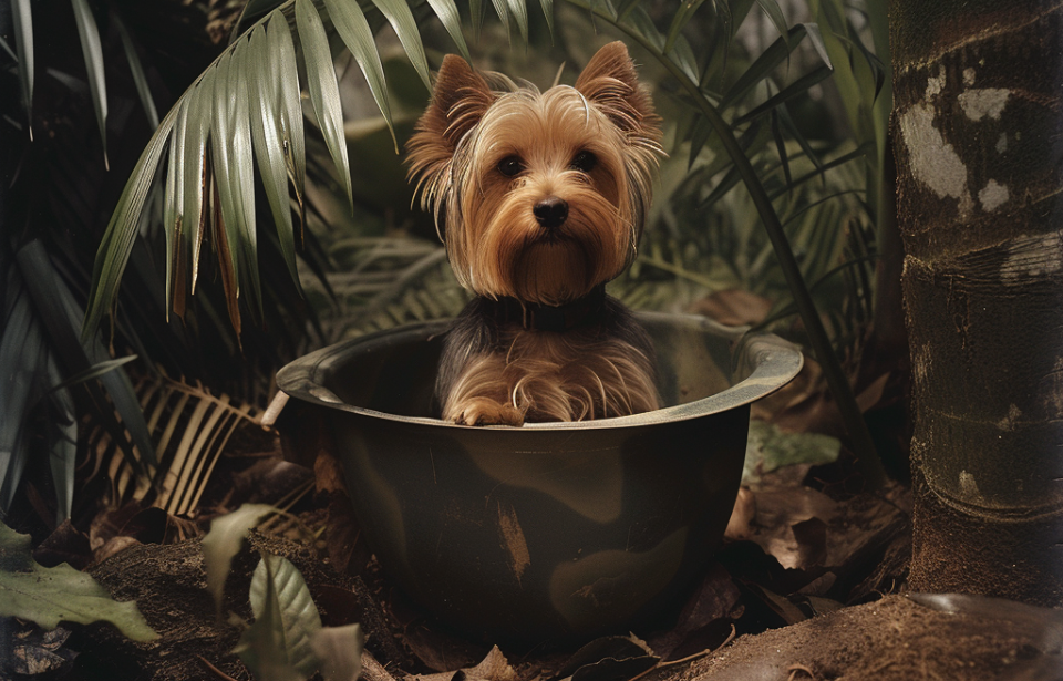 AI rendering of Smoky sitting in a helmet on the jungle floor