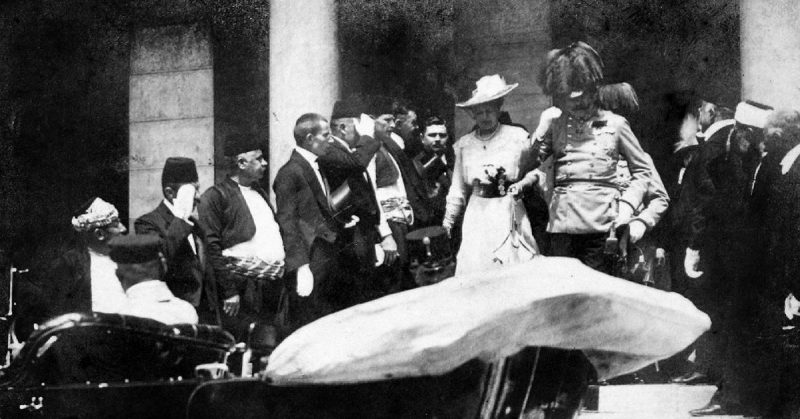 Photograph of the Archduke and his wife leaving the Sarajevo Town Hall after reading a speech on June 28 1914. They were assassinated five minutes later.