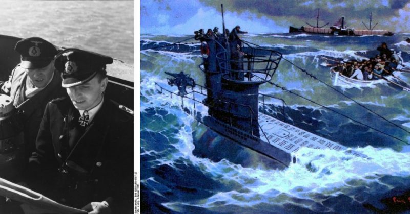 Left: Otto Kretschmer. Bundesarchiv Bild 101II-MW-6787-27, Otto Kretschmer. Right: Painting of Estonian merchant ship SS Merisaar's lifeboat approaching German submarine U-99 in July 1940. Picture: Erik Schmidt / CC-BY-SA 3.0