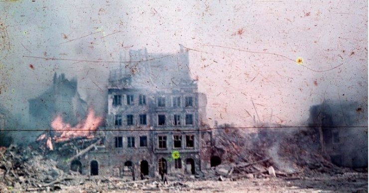 Old Town in Warsaw in flames during the Warsaw Uprising