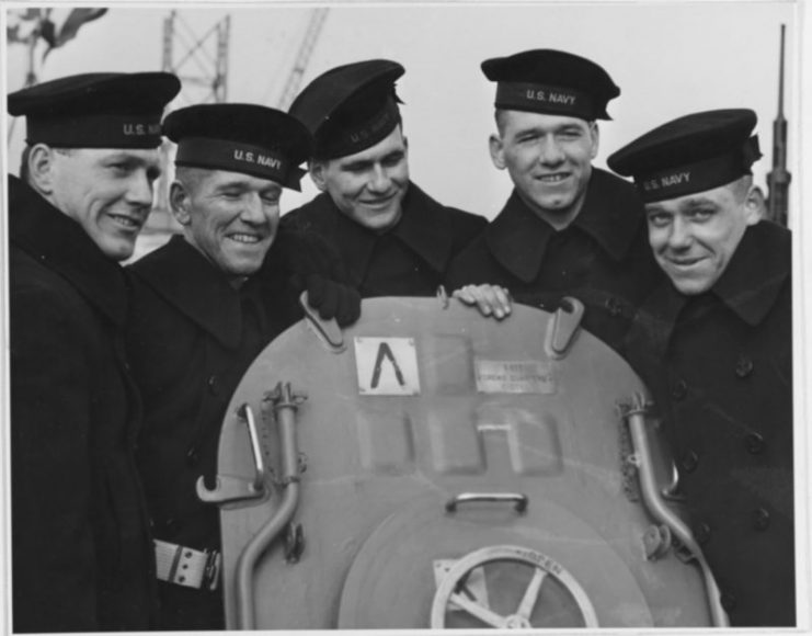 On board USS Juneau (CL-52) at the time of her commissioning ceremonies at the New York Navy Yard, 14 February 1942. All were lost with the ship following the 13 November 1942 Naval Battle of Guadalcanal. The brothers are (from left to right): Joseph, Francis, Albert, Madison and George Sullivan. U.S. Naval History and Heritage Command Photograph