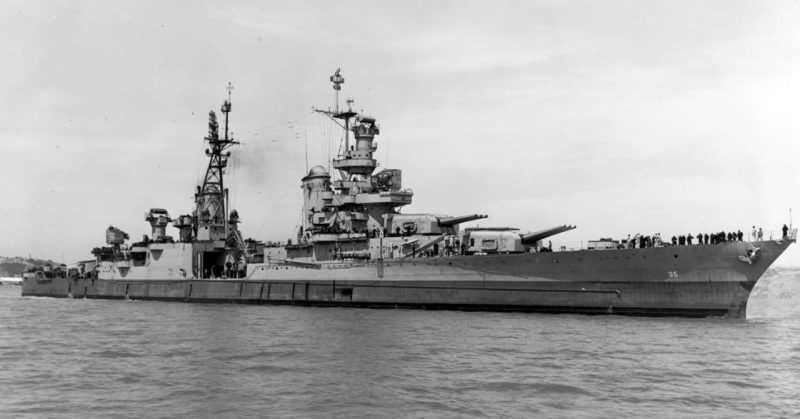 USS Indianapolis (CA-35). Off the Mare Island Navy Yard, California, 10 July 1945, after her final overhaul and repair of combat damage. Photograph from the Bureau of Ships Collection in the U.S. National Archives.