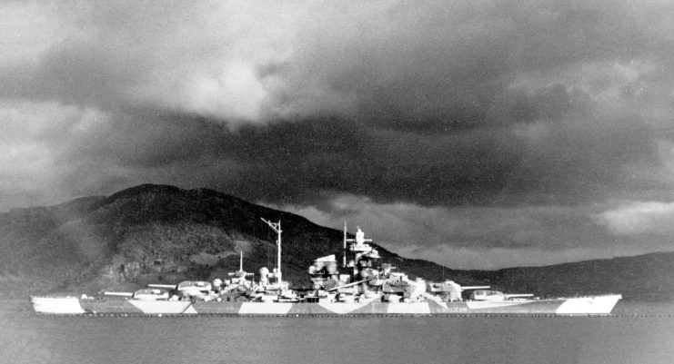 The German battleship Tirpitz in Bogen Bay in Ofotfjord, near Narvik, Norway