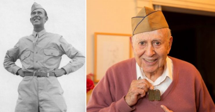 Left: Carl Reiner in the U.S.Army., c 1943-1944. Courtesy of Carl Reiner; Right: Carl Reiner at the GI JEWS interview in his Los Angeles home, December 2014. He is wearing his army hat and holding up his dog tags, which were marked H for Hebrew Credit: Turquoise Films