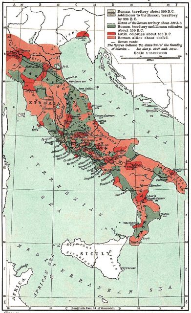 Map of the Roman confederation in 100 BC, on the eve of the Social War. Note the patchwork political configuration.