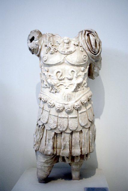 Ancient Roman statue fragment of either a general or an emperor wearing a corselet decorated with Selene, and two Nereids. Found at èmegara, dating from 100-130 AD. Photo: Giovanni Dall’Orto