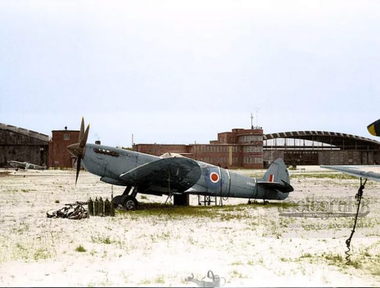 Spitfire PM156 in the snow at the aerodrome, Lüneburg, 1947, photographed by Richard Harrison.