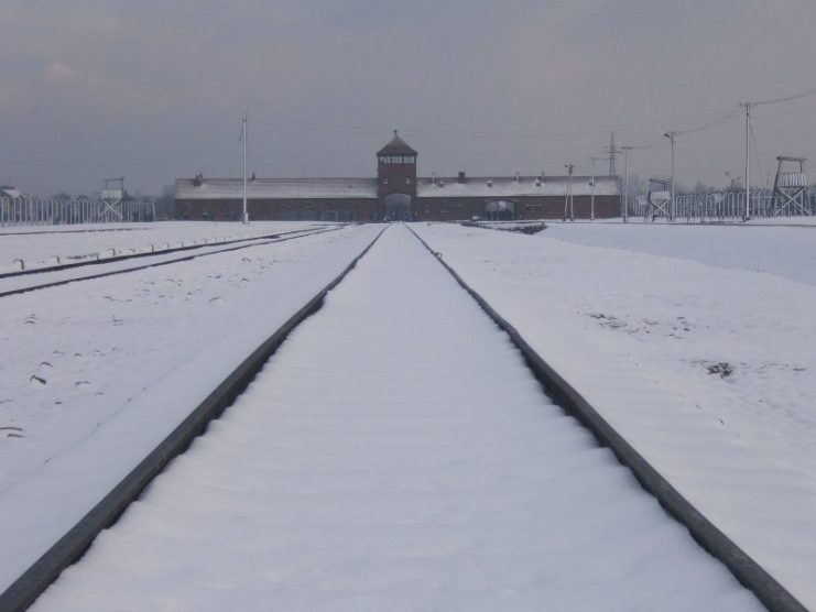 The gates of Auschwitz, viewed from inside the camp.