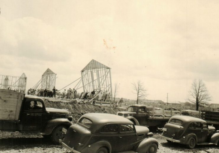 Construction crews raise the walls for barracks on Camp Crowder during the fall of 1941.The first troops began arriving at the Neosho area post on December 2, 1941. Camp Crowder archives