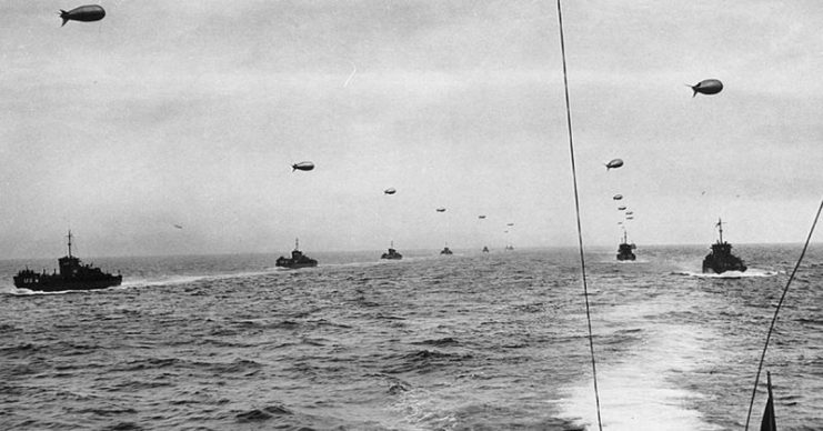 A convoy of Landing Craft Infantry sails across the English Channel toward the Normandy Invasion beaches on “D-Day”, 6 June 1944.