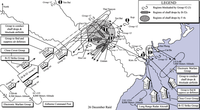 Operation Linebacker II – 26 December Raid. Source: By Author (maps and drawings): Lt. Col. Lester W. Grau (U.S. Army Foreign Military Studies Office, Fort Leavenworth, Kansas)Co-author: Capt. Dana Drenkowski (United States Air Force) - Foreign Military Studies Office Web-site. Documents: Patterns and Predictability: The Soviet Evaluation of Operation Linebacker II, page 10., Public Domain, https://commons.wikimedia.org/w/index.php?curid=24271161