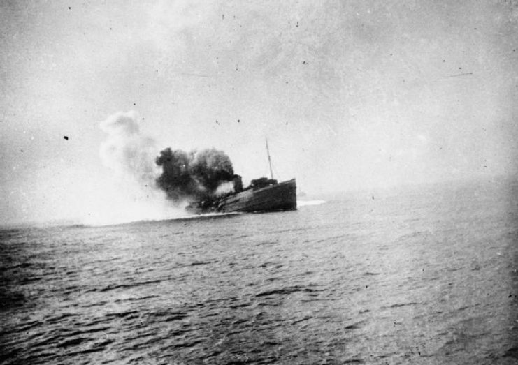 Isle of Man Steam Packet Company vessel Mona’s Queen shortly after striking a mine on the approach to Dunkirk. 29 May 1940