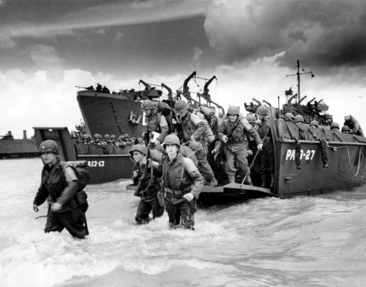 Troops coming ashore at Slapton Sands during Exercise Tiger. (Credit: NARA)