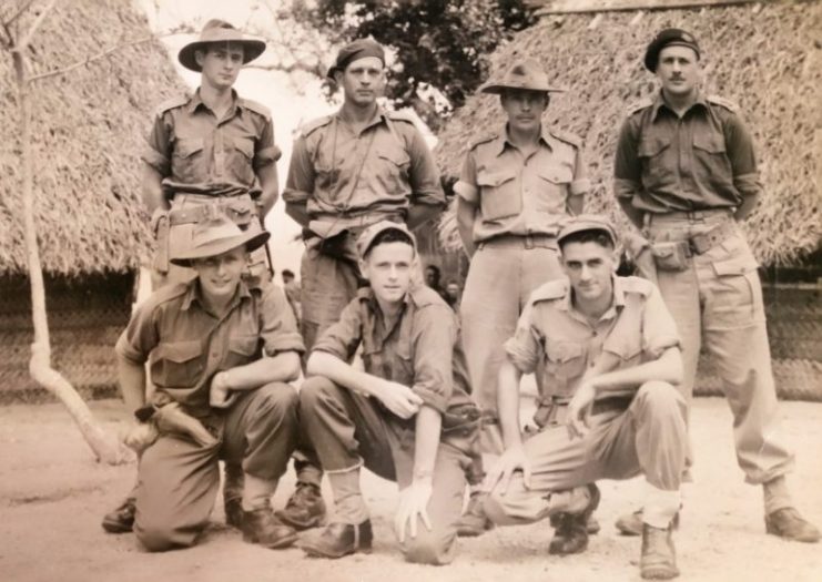 At Tol: Back row, l-r: Lieut. Jack Ranken MM, Capt. Malcolm English, Lieut. ‘Mac’ Hamilton, Sgt. Rob McKay. Front row, l-r: Sgt. Keith King, Sgt. Jim Burrowes (Signaller), Sgt. Les ‘Tas’ Baillie (Signaller)