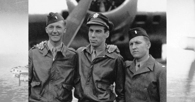 Airmen from Lea’s crew back at base in Deopham Green, UK (L-R: Thomas Madden, Alfred Lea, Joseph Baker)