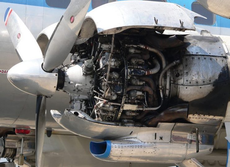 Photo above (photo Frank C. Muller) shows details of the brute, the Wright Duplex Cyclone radial engine (hence R-3350) with a displacement of 3350 cu in (55 liters from 18 cylinders with superchargers, cranking out in their first year of operation in 1941 some 2,200 hp, later up to over 3,000 hp). 