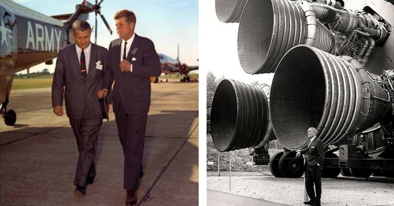 Left: Von Braun with President Kennedy at Redstone Arsenal in 1963. Right: Von Braun with the F-1 engines of the Saturn V first stage at the U.S. Space and Rocket Center
