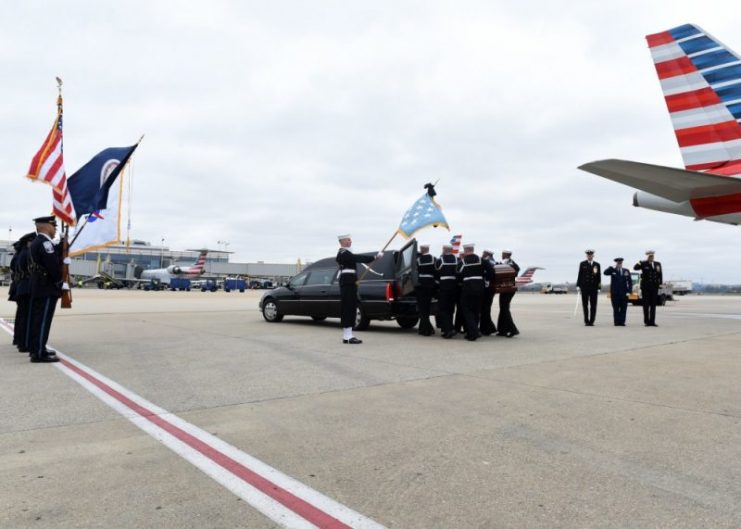 Casket Bearers members of the United States Navy Ceremonial Guard transfer remains of Medal of Honor recipient Capt. Thomas J. Hudner, Jr. at the Ronald Reagan Washington National Airport to transport to Arlington National Cemetery for his final internment. Capt. Hudner, a naval aviator, received the Medal of Honor for his actions during the Battle of the Chosin Reservoir during the Korean War. U.S. Navy photo by Mass Communication Specialist 2nd Class Destiny Cheek