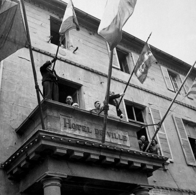 General de Gaulle delivering a speech in liberated Cherbourg