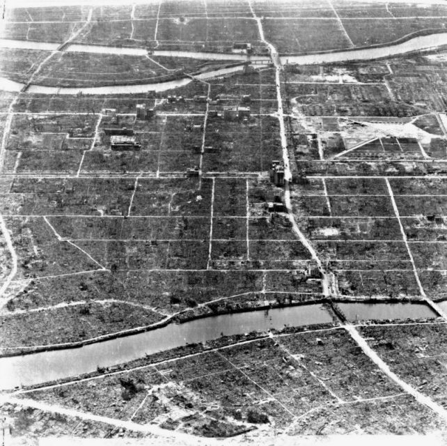 Aerial view of the destuction at Hiroshima, Japan, caused by the atomic bomb dropped on the city.