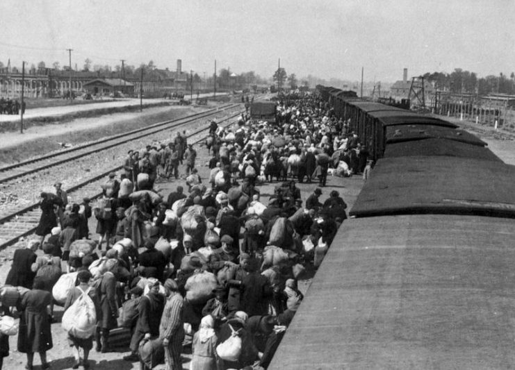Carpathian Ruthenian Jews arrive at Auschwitz–Birkenau, May 1944. Without being registered to the camp system, most were killed in gas chambers hours after arriving