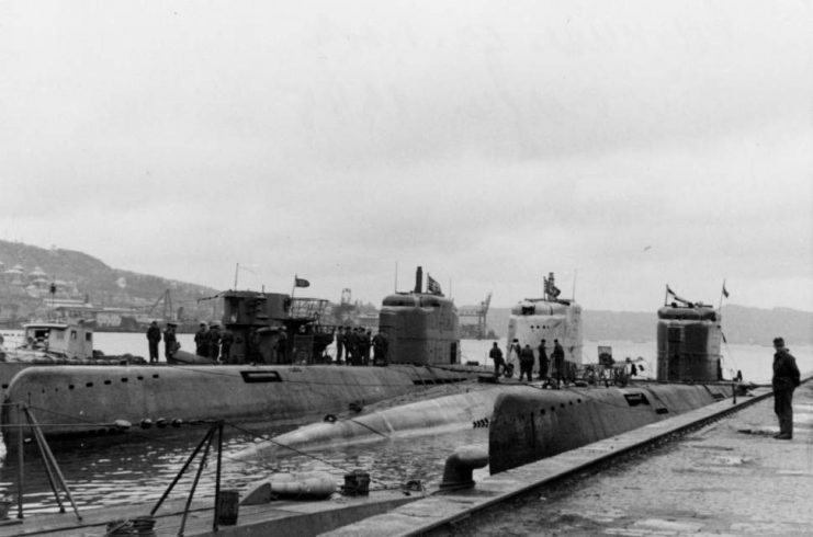 Three Type XXI U-boats and one Type VII U-boat moored at Bergen, Norway, May 1945.