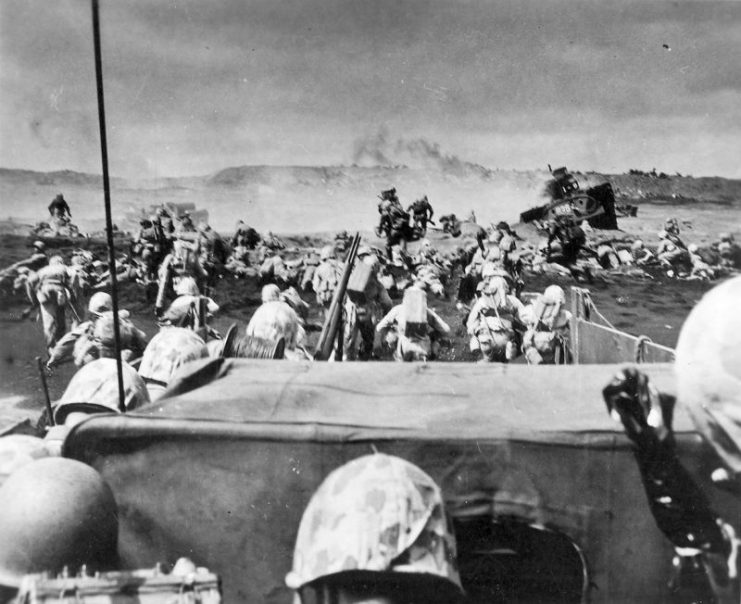 Marines landing on the beach of Iwo Jima