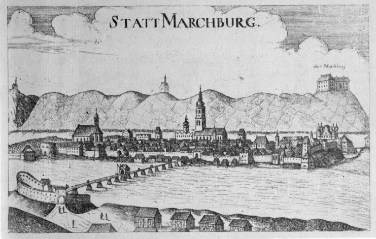 Maribor in the 17th century. A copper engraving by Georg Matthäus Vischer, 1678.