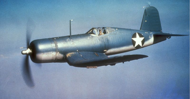 A U.S. Navy Vought F4U-1 Corsair fighter in flight, circa 1942.