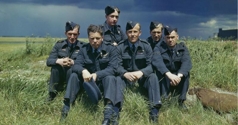 Flight Lieutenant Joe McCarthy (fourth from left) and his crew of No. 617 Squadron (The Dambusters) at RAF Scampton, 22 July 1943. Photo: IWM (TR 1128)