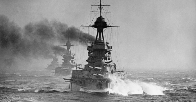 HMS Benbow leads a line of three battleships, 1917
