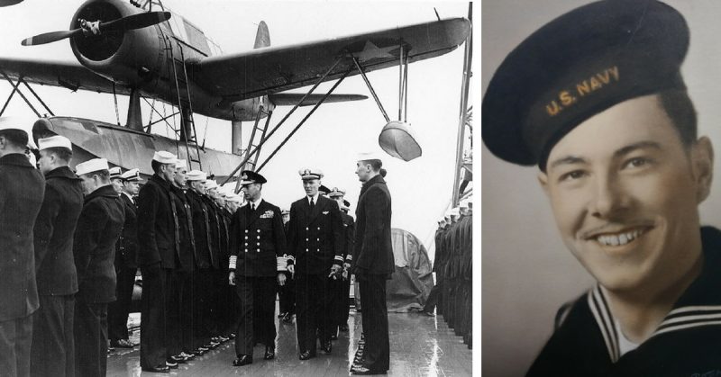 Left: King George VI of the United Kingdom (left column, walking toward the camera) aboard Washington, 7 June 1942. An OS2U Kingfisher is in the background. Right: An 18-year-old Scrivner is pictured in his naval uniform while completing his basic training at the Farragut Naval Training Station in Idaho in early 1944. Courtesy of Leo Scrivner. 