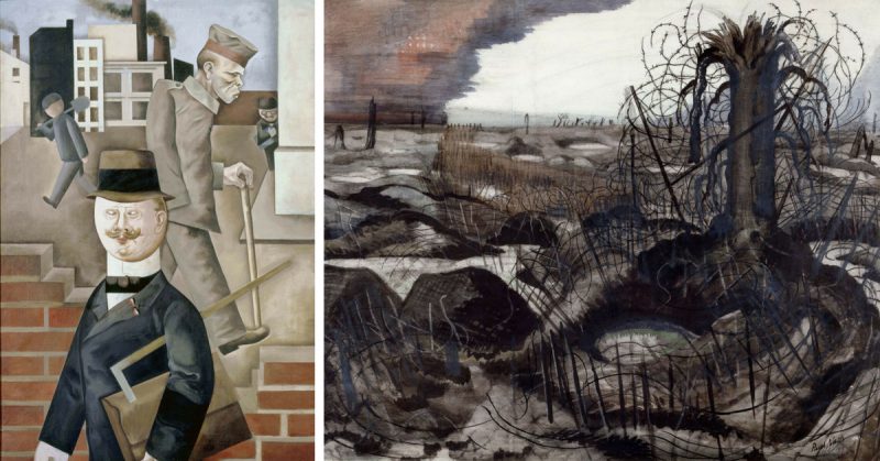 Left: Grey Day by George  Grosz, 1921. Image: Estate  of  George  Grosz,  Princeton,  N.J.  2018. Right: Wire by Paul  Nash, 1918-19. Image:  IWM  (Art.IWM  ART  2705) 