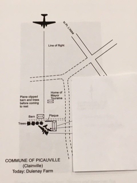 This diagram of the Clainville crash site is based upon the original sketch of the location by Lt. John Hoover, who supervised the search of the wreckage in 1947, when Joe Sullivan’s remains were identified. The line of flight arrow is pointing east, and the plaque location is indicated on the wall separating the road from the field in which the wreckage was located.