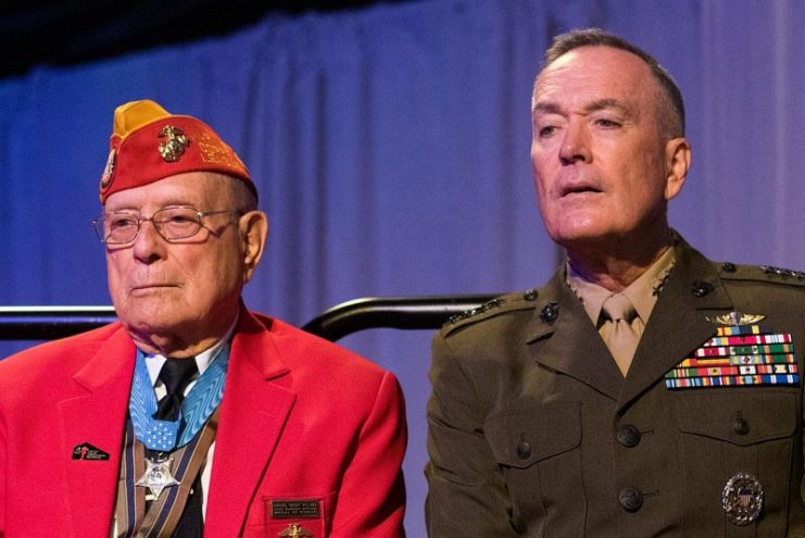 Marine Gen. Joseph F. Dunford Jr., chairman of the Joint Chiefs of Staff, sits alongside Medal of Honor recipient Hershel W. “Woody” Williams during the American Legion’s 98th national convention at the Duke Energy Convention Center in downtown Cincinnati Aug. 30th, 2016. DoD Photo by Navy Petty Officer 2nd Class Dominique A. Pineiro