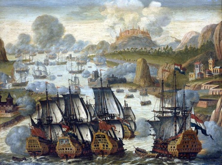 French ships and Spanish galleons during the Battle of Vigo Bay