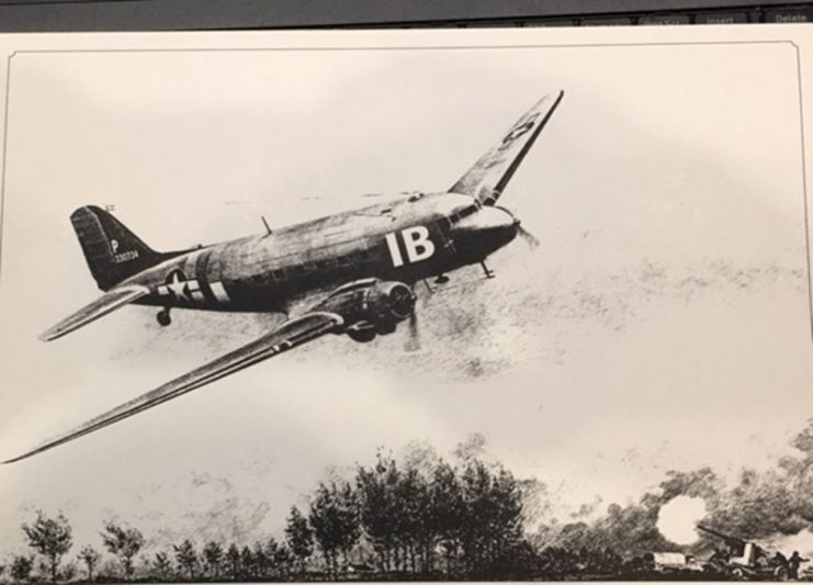 This drawing, illustrating Joe Sullivan’s C-47 being fired upon by German ground batteries on June 6, 1944, was commissioned by D-Day historian Philippe Nekrassoff.