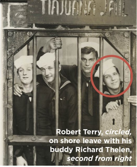 Robert Terry, circled, on shore leave with his buddy Richard Thelen, second from right.