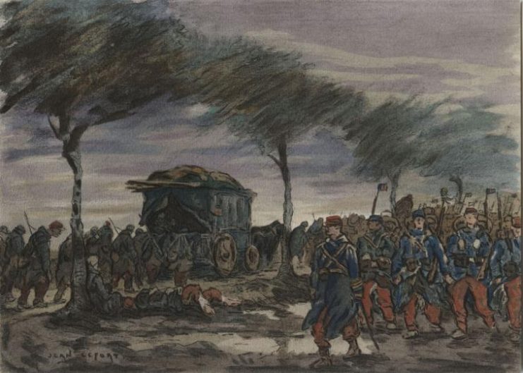 Jean Lefort, 1914-19. Watercolor. A steady march of French soldiers descend under a dark, threatening sky – as part of the new special exhibition War Around Us: Soldier Artist Impressions. Photo credits: WWI National Museum and Memorial