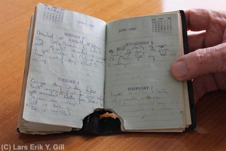 Vic’s diary that took a hit from a Japanese projectile while in his knapsack during heavy fighting.The diary entry for June 5th, 1945, ends with his words: “This is WAR”. Photo: Lars Erik Y. Gill.
