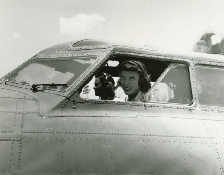 WASP pilot Dawn Seymour at the controls of a B-17 Fortress, circa 1944