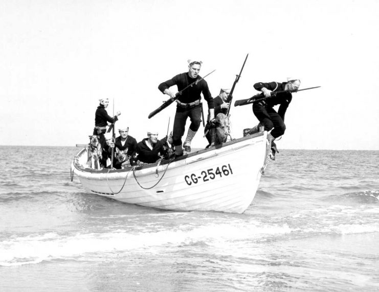 United States Coast Guard beach patrols drill with their sentry dogs at Hilton Head, South Carolina, United States, circa 1943