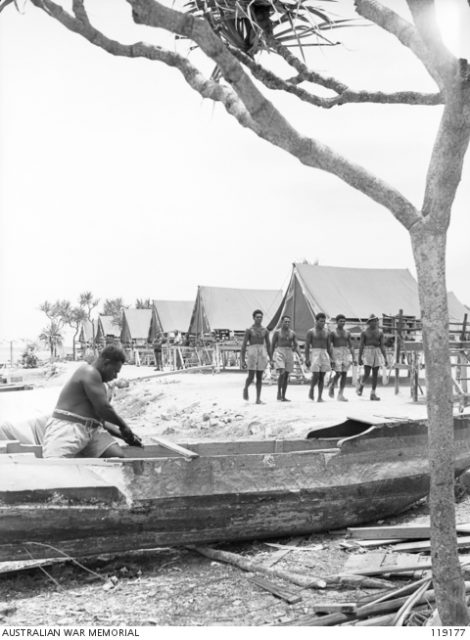 C Company of the Torres Strait Light Battalion ent lines on the beach. Photo: LT N. B. Stuckey.