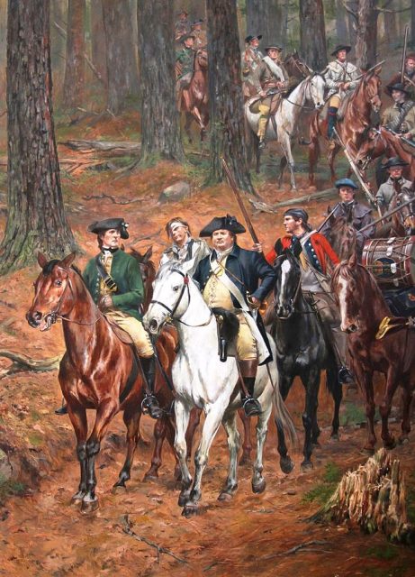Don Troiani’s depiction – “Colonel Cleveland’s War Prize Oct. 7, 1780″. Col. Benjamin Cleveland returning to Wilkesboro on Patrick Ferguson’s white horse after his horse, Roebuck, and Ferguson were killed. The patriots took home drums, weapons and clothes. The other colonels awarded Cleveland with Ferguson’s white horse, which he rode home. Many consider this the greatest symbolic “War Prize” of the revolution and the turning point of the war. Picture: Don Troiani / CC-BY-SA 3.0