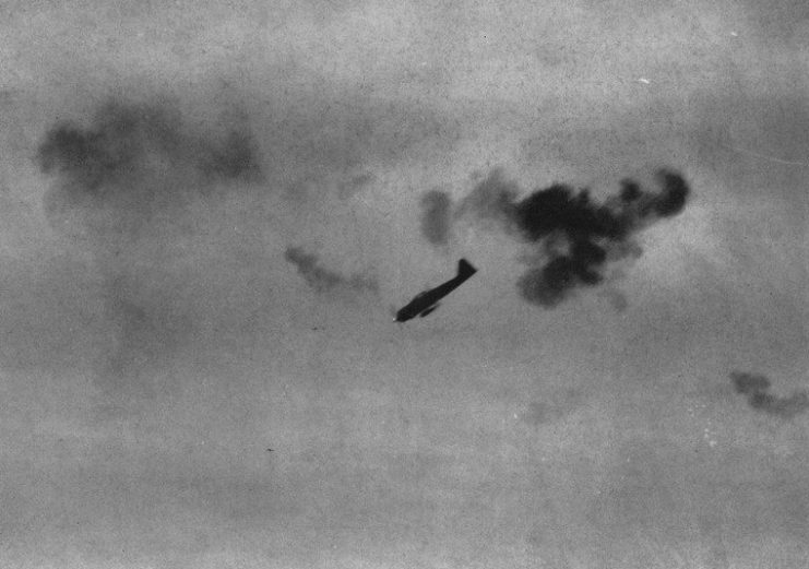 A A6M5 “Zero” diving towards American ships in the Philippines in early 1945