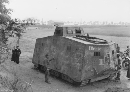 A captured German tank at Saleux, an A7V, with the name Elfriede III, used by the enemy for the first time at Villers-Bretonneux, in the attack of 24 April 1918.